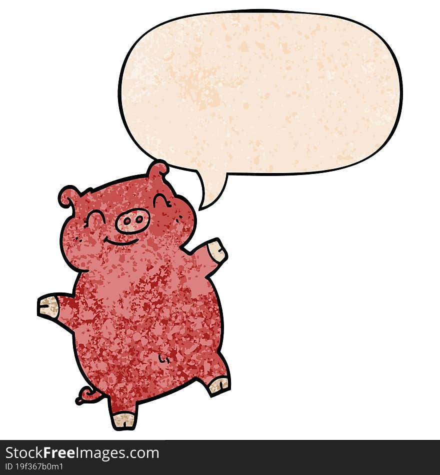 cartoon pig and speech bubble in retro texture style