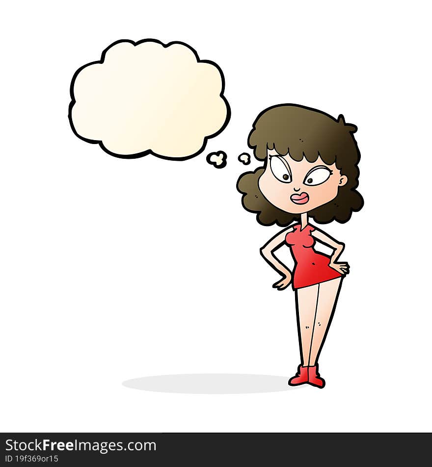 cartoon woman with hands on hips with thought bubble