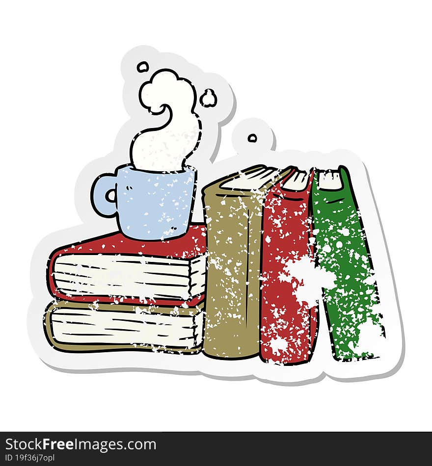 distressed sticker of a cartoon coffee cup and study books