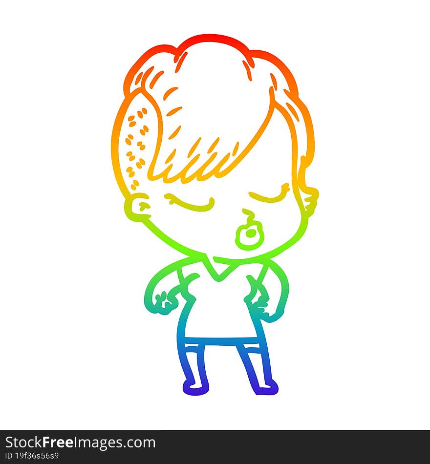 rainbow gradient line drawing of a cartoon pretty hipster girl