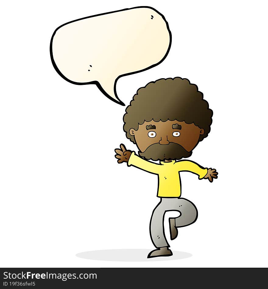 cartoon mustache man disco dancing with speech bubble