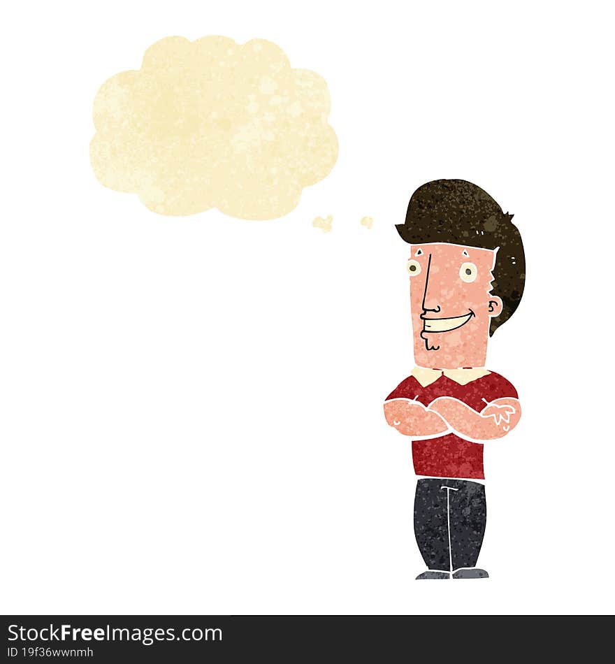 cartoon man with folded arms grinning with thought bubble