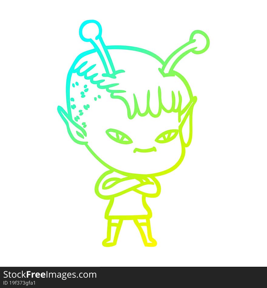 cold gradient line drawing of a cute cartoon alien girl