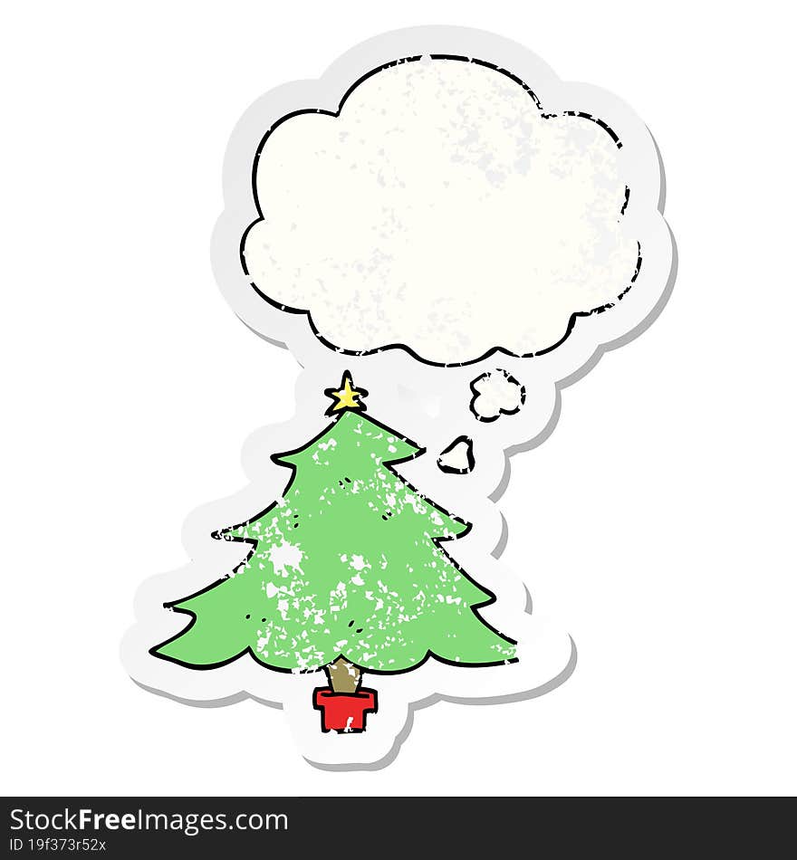 Cartoon Christmas Tree And Thought Bubble As A Distressed Worn Sticker