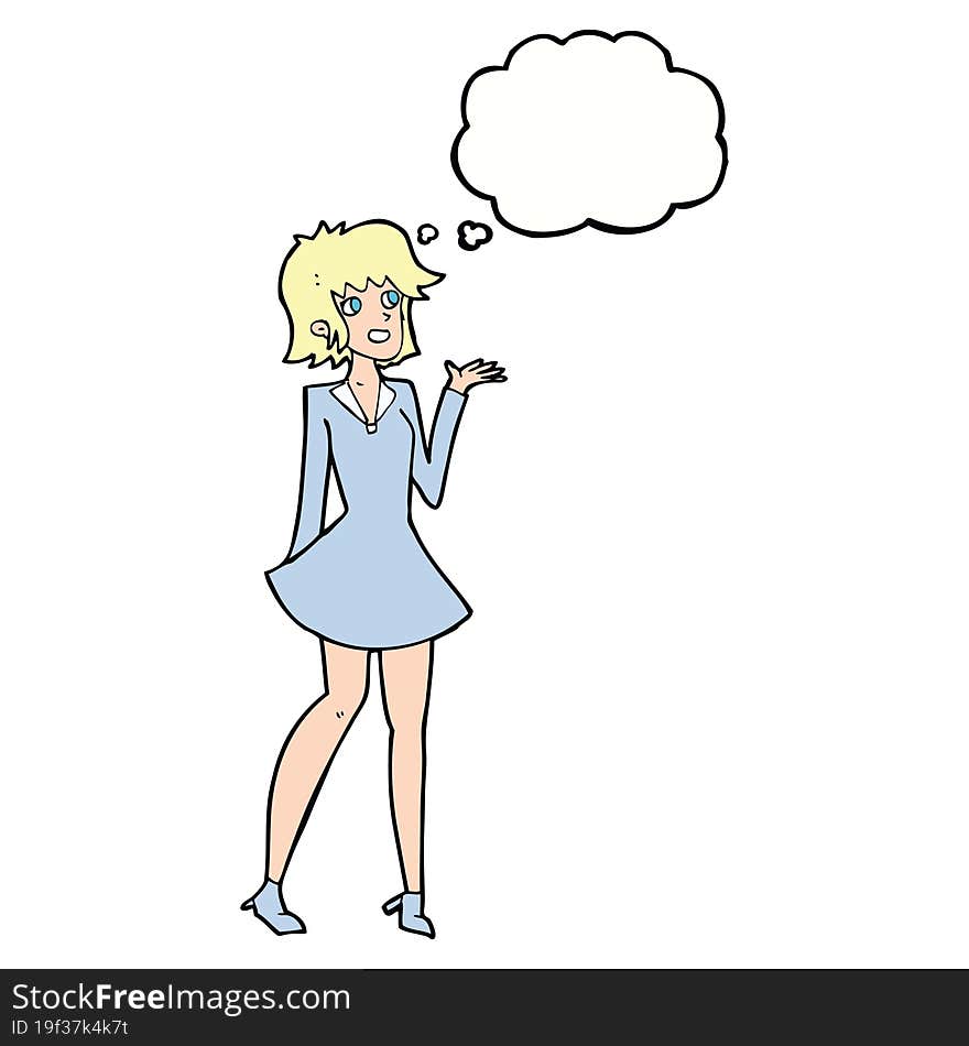 cartoon pretty woman in dress with thought bubble