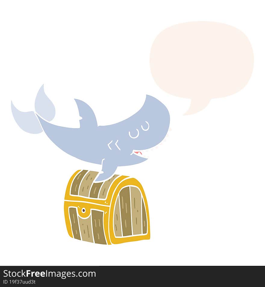 cartoon shark swimming over treasure chest with speech bubble in retro style