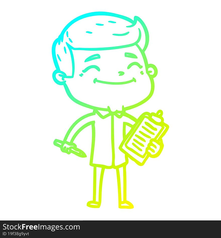 cold gradient line drawing happy cartoon man taking survey