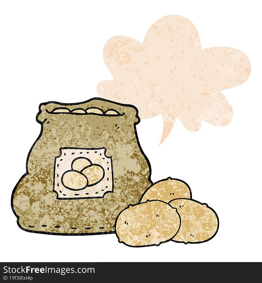 cartoon bag of potatoes and speech bubble in retro textured style