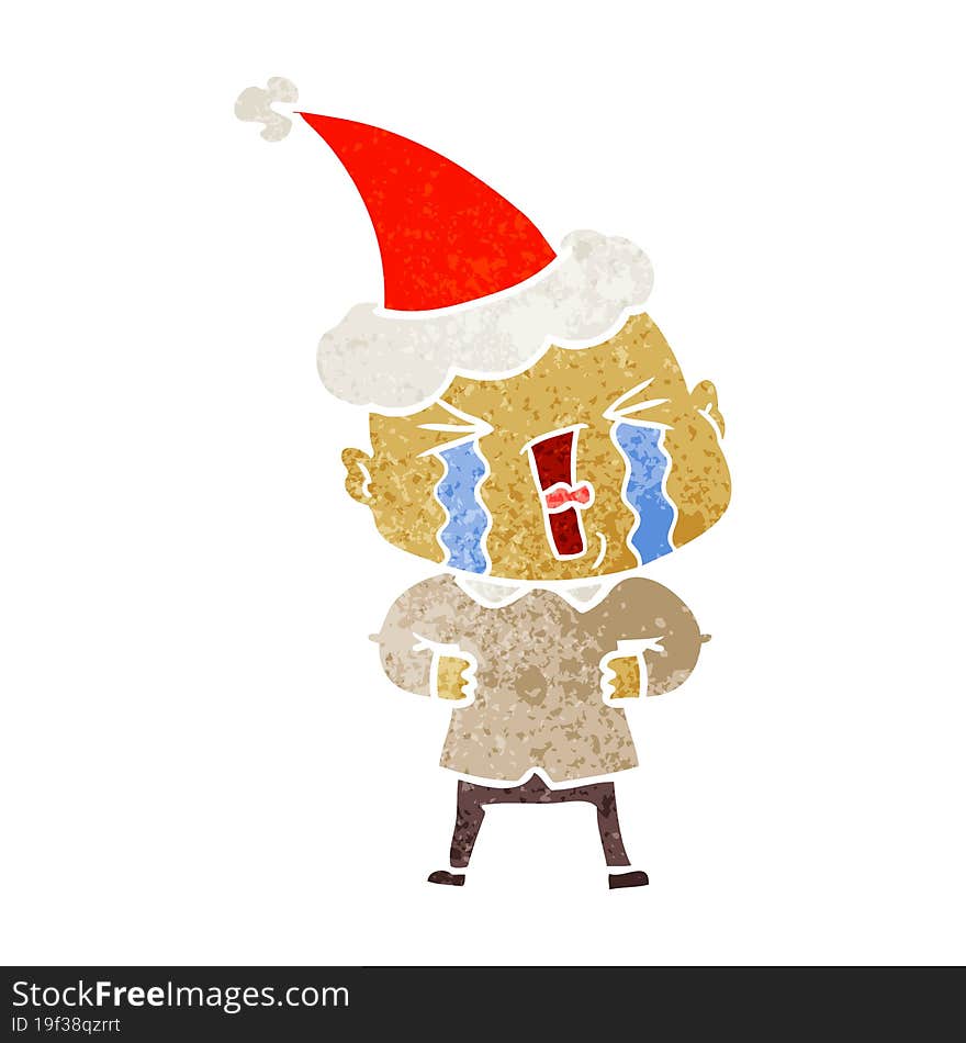 retro cartoon of a crying bald man wearing santa hat