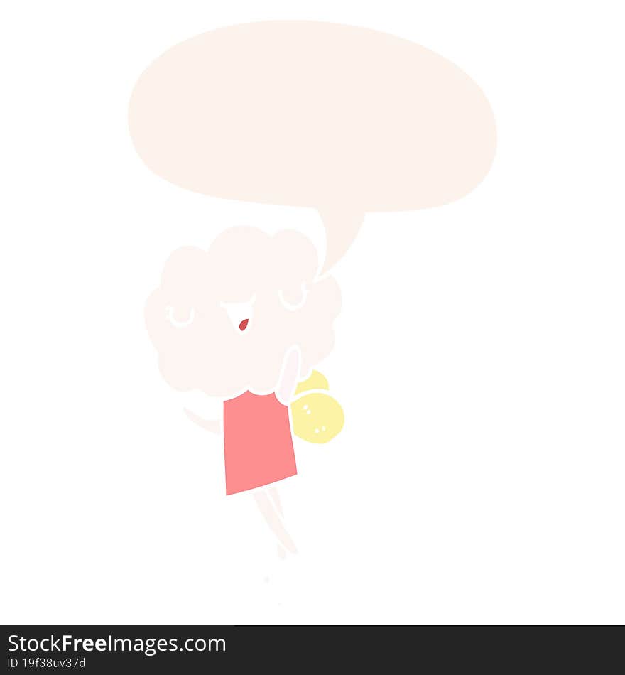 cute cartoon cloud head creature and speech bubble in retro style