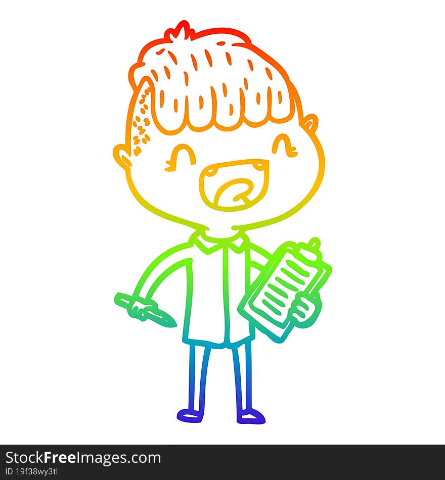 rainbow gradient line drawing of a cartoon happy boy with clip board laughing