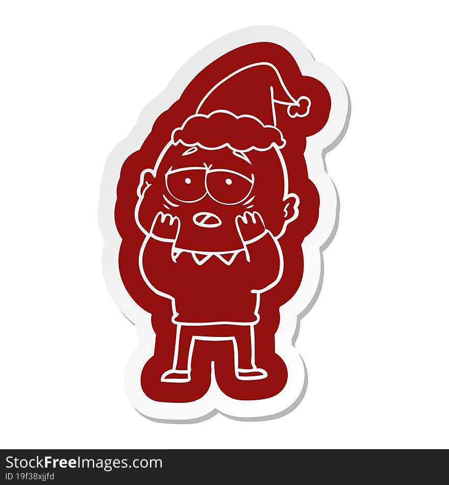 Cartoon  Sticker Of A Tired Bald Man Wearing Santa Hat