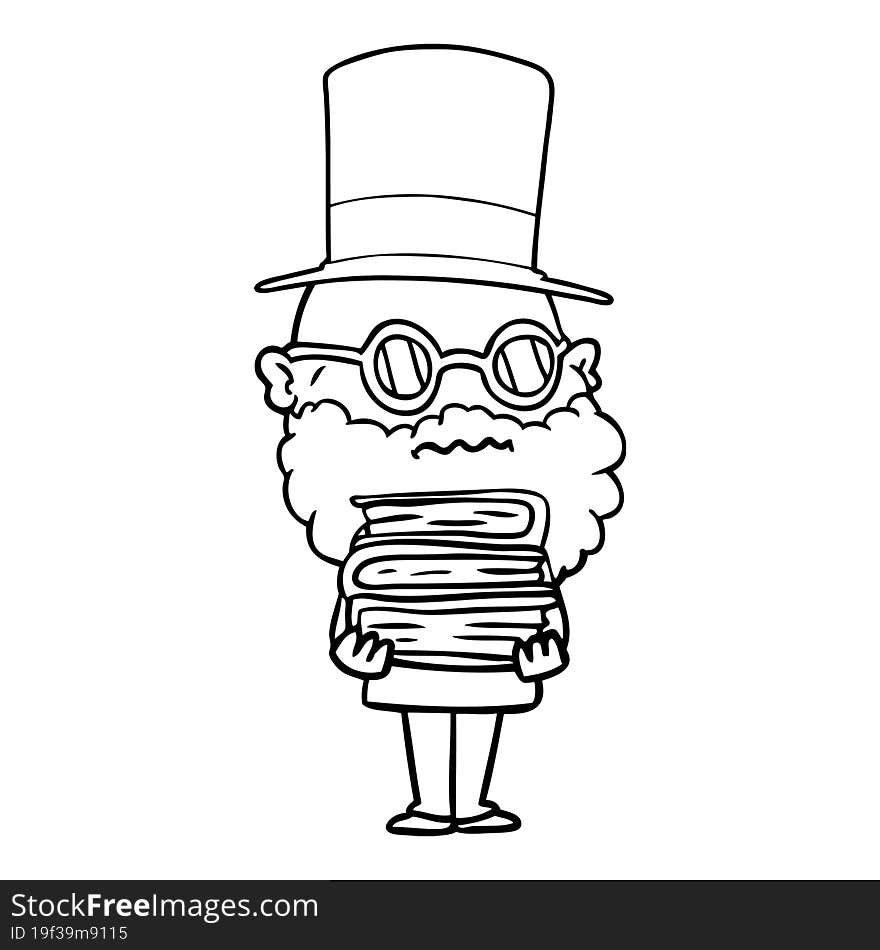 cartoon worried man with beard and stack of books. cartoon worried man with beard and stack of books