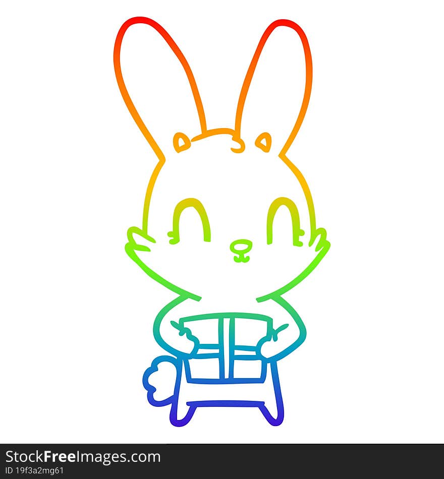 rainbow gradient line drawing of a cute cartoon rabbit with present