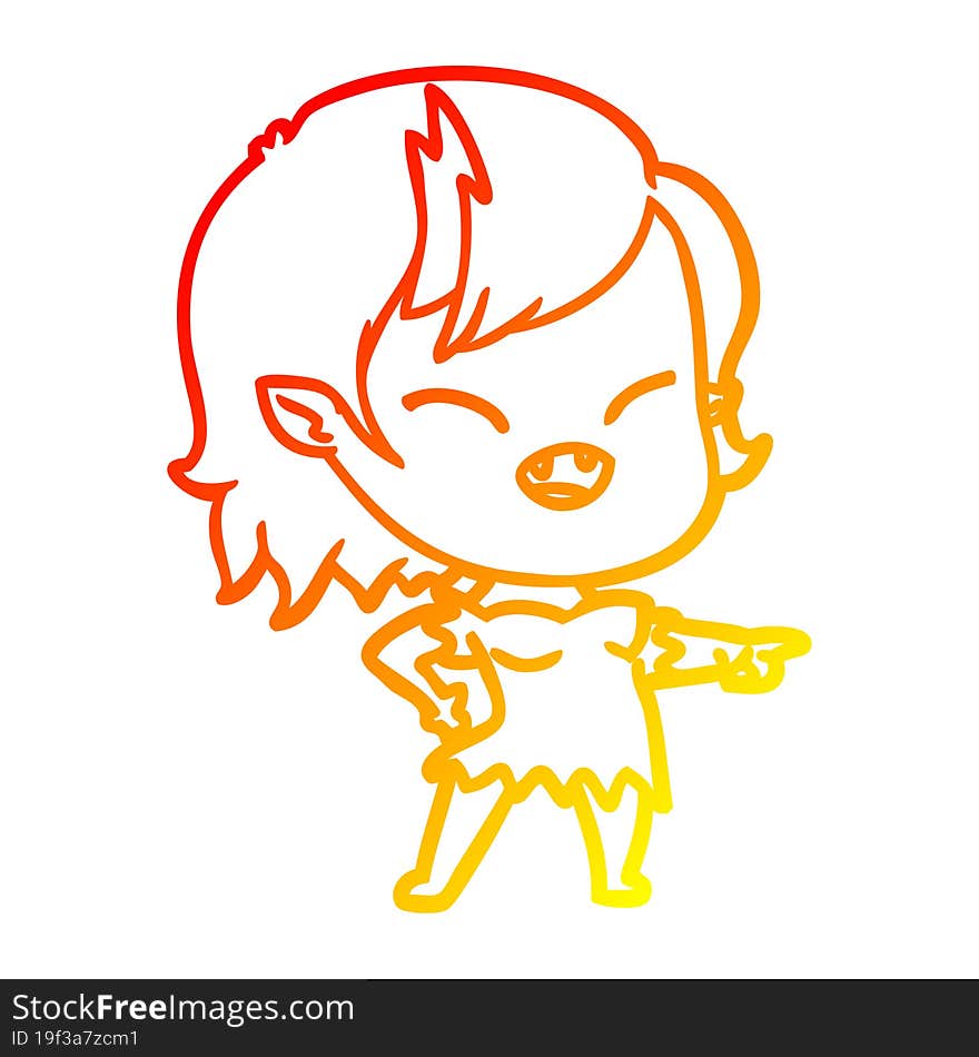 warm gradient line drawing of a cartoon vampire girl pointing and laughing