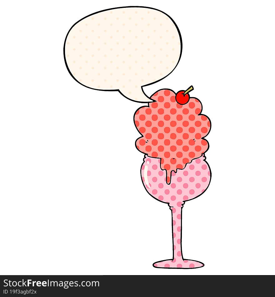 cartoon ice cream desert with speech bubble in comic book style