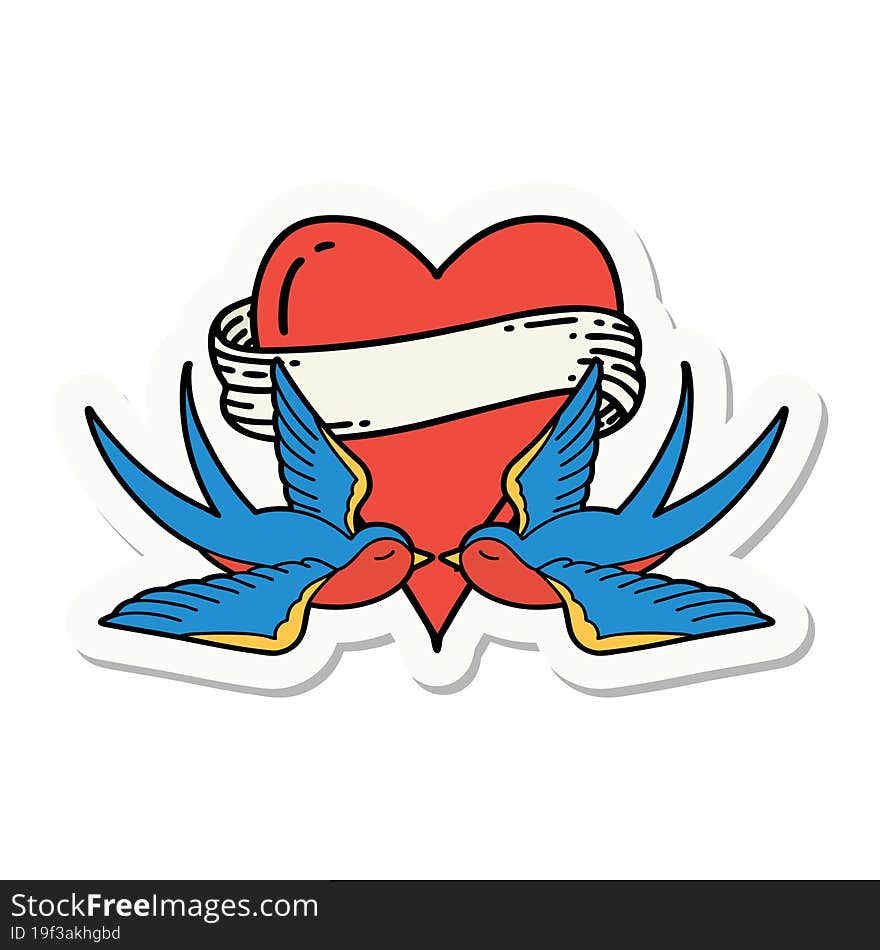 sticker of tattoo in traditional style of swallows and a heart with banner. sticker of tattoo in traditional style of swallows and a heart with banner