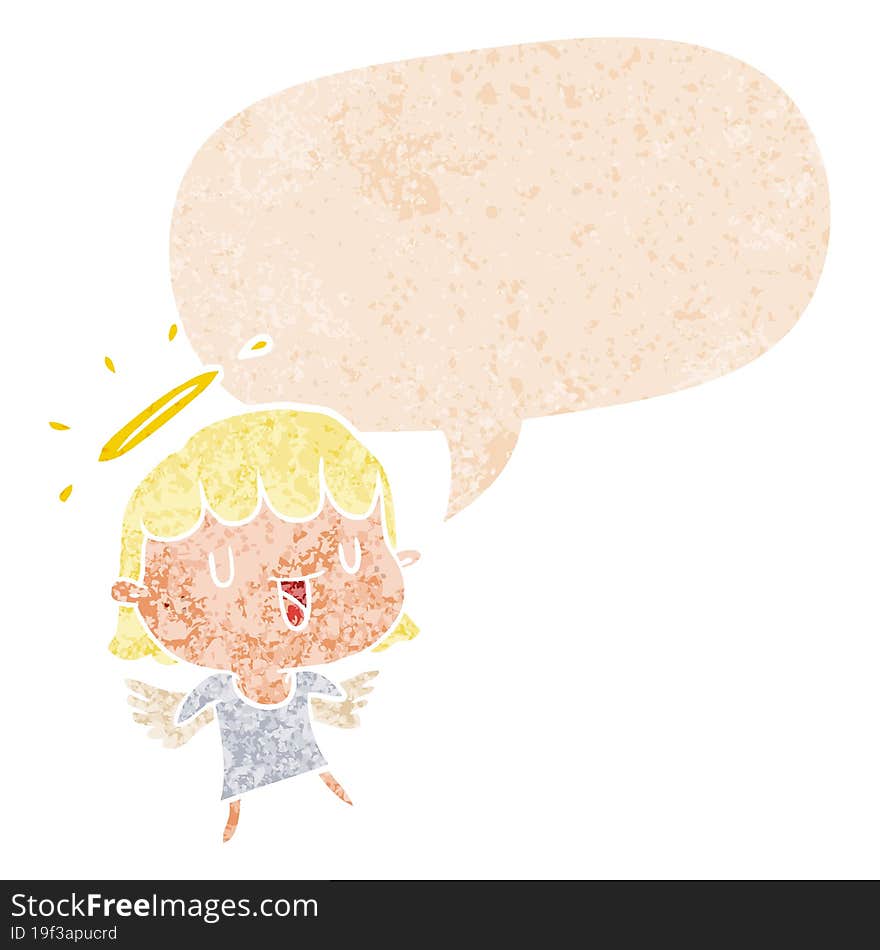 cartoon angel and speech bubble in retro textured style