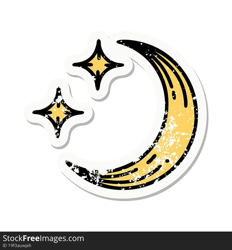 distressed sticker tattoo in traditional style of a moon and stars. distressed sticker tattoo in traditional style of a moon and stars