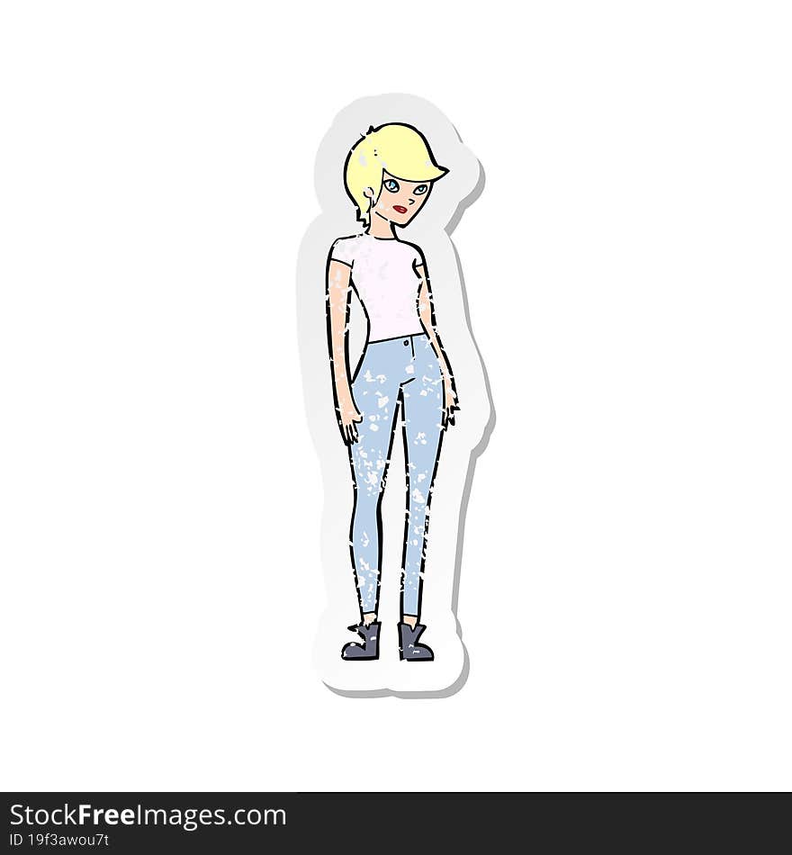 Retro Distressed Sticker Of A Cartoon Modern Attractive Woman