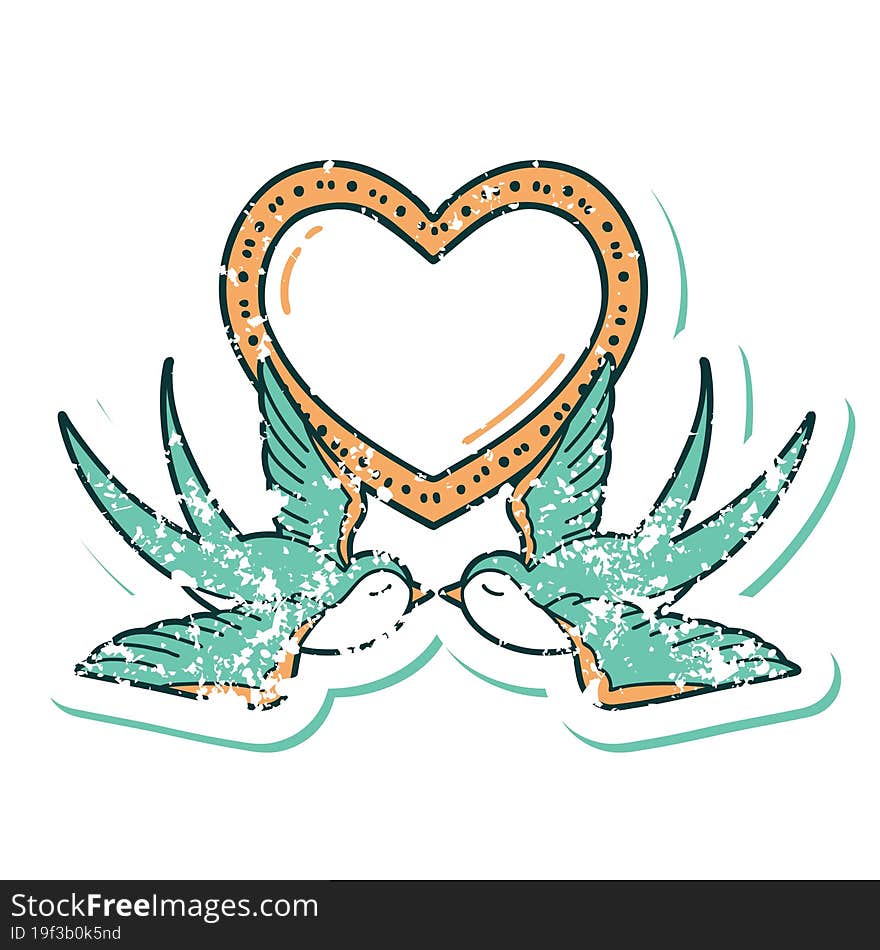 iconic distressed sticker tattoo style image of swallows and a heart. iconic distressed sticker tattoo style image of swallows and a heart