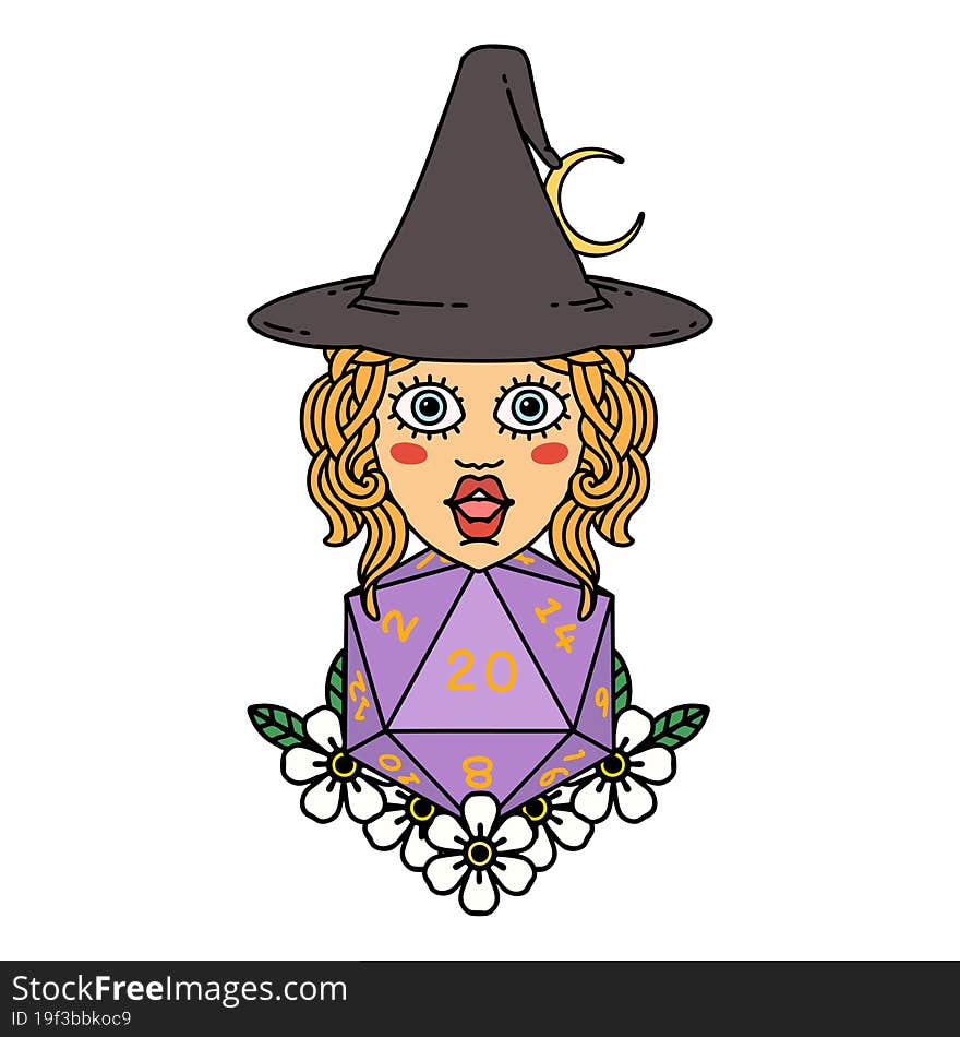 Retro Tattoo Style human witch with natural twenty dice roll. Retro Tattoo Style human witch with natural twenty dice roll