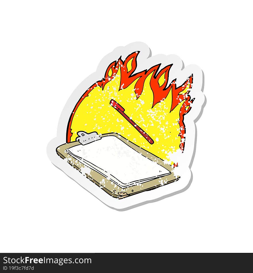 retro distressed sticker of a cartoon clip board on fire