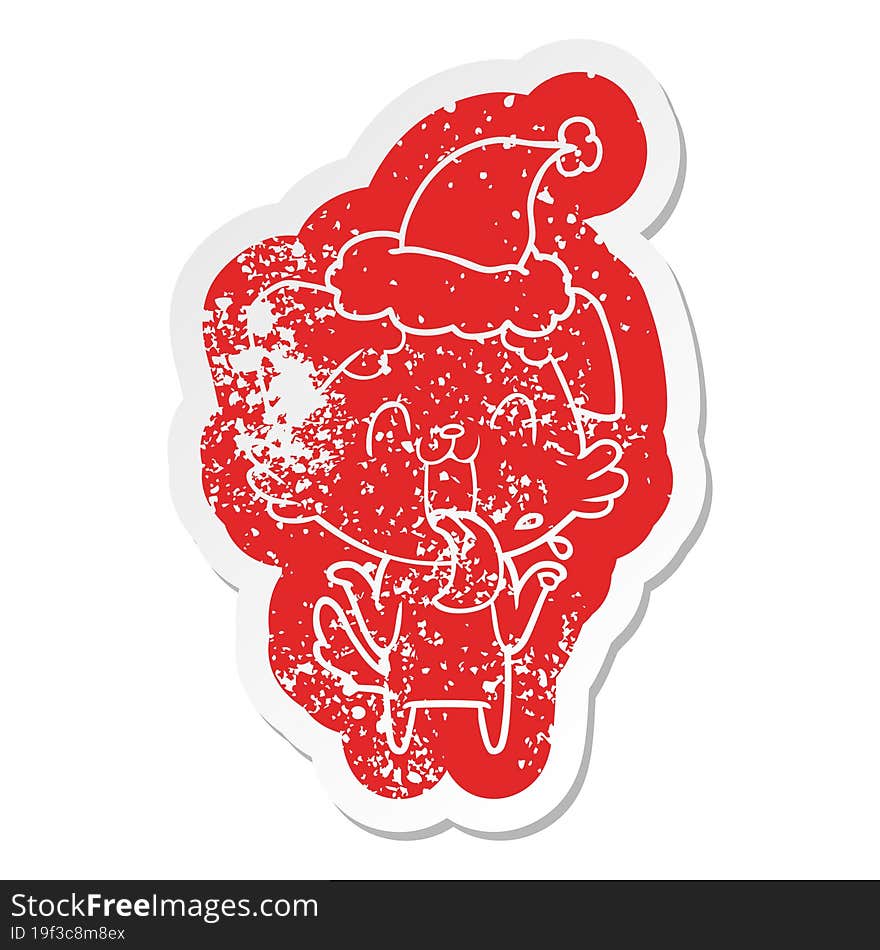 Cartoon Distressed Sticker Of A Panting Dog Shrugging Shoulders Wearing Santa Hat