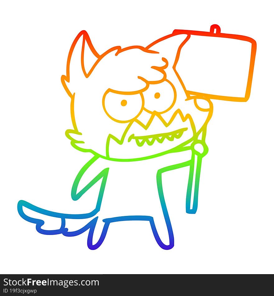 rainbow gradient line drawing of a cartoon grinning fox with protest sign