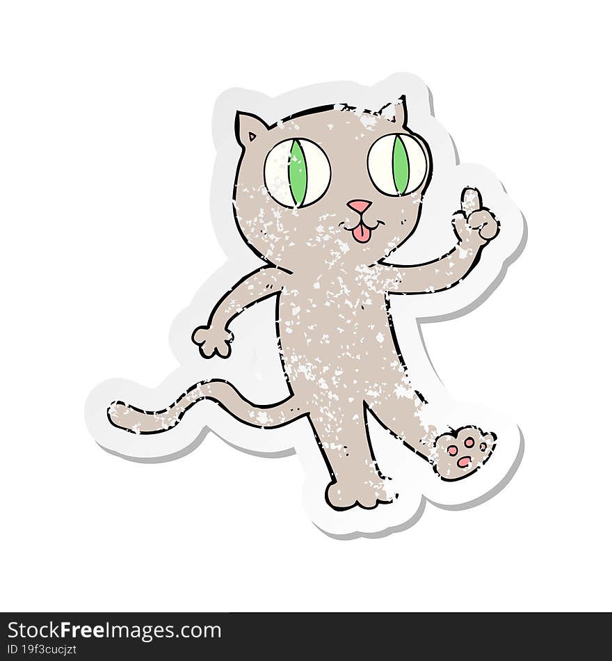 retro distressed sticker of a cartoon cat with idea