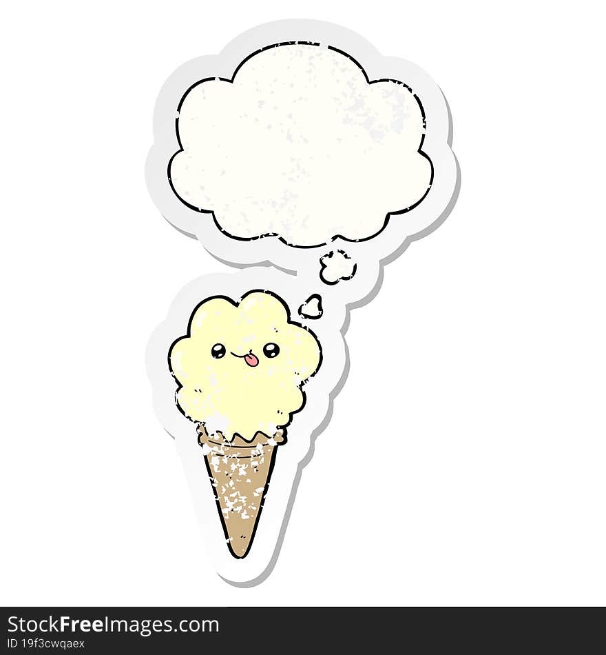 cartoon ice cream and thought bubble as a distressed worn sticker