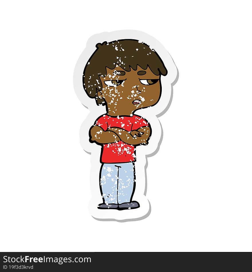 retro distressed sticker of a cartoon annoyed boy