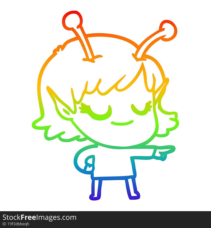 rainbow gradient line drawing smiling alien girl cartoon