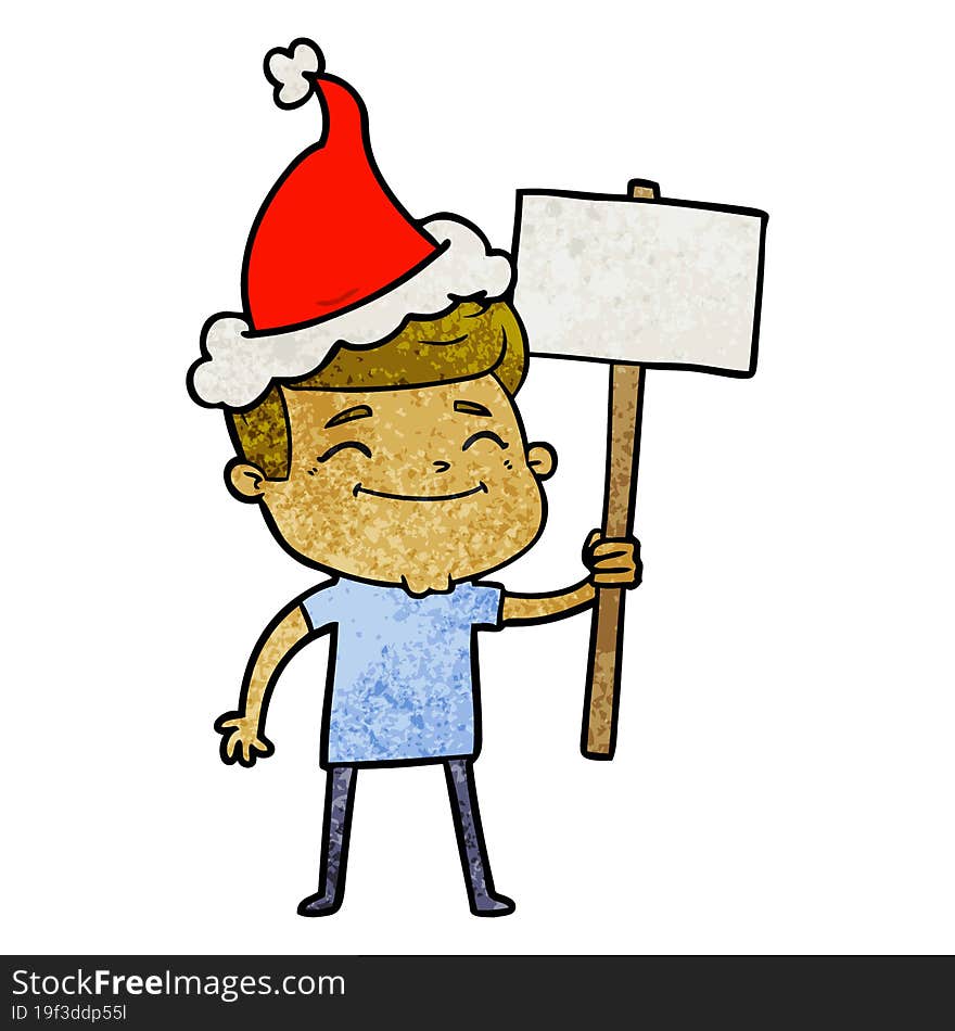 Happy Textured Cartoon Of A Man With Placard Wearing Santa Hat