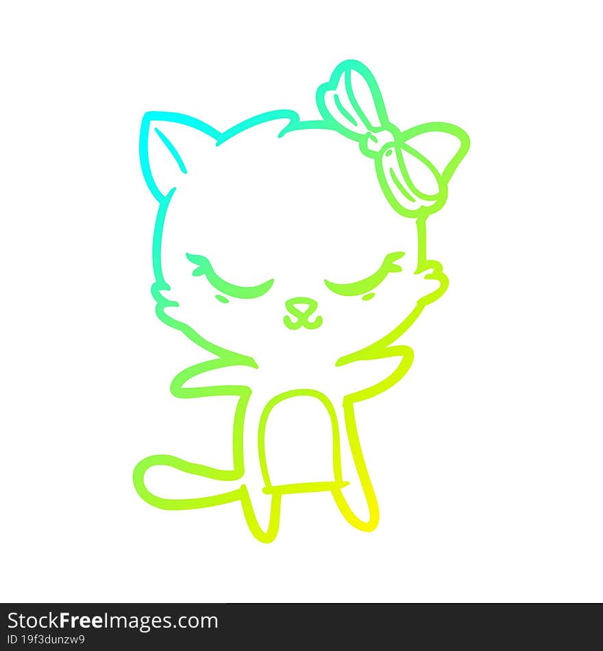 Cold Gradient Line Drawing Cute Cartoon Cat With Bow