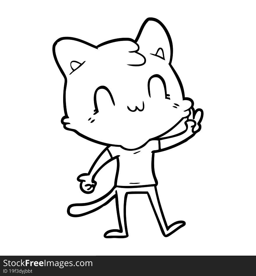 cartoon happy cat giving peace sign. cartoon happy cat giving peace sign