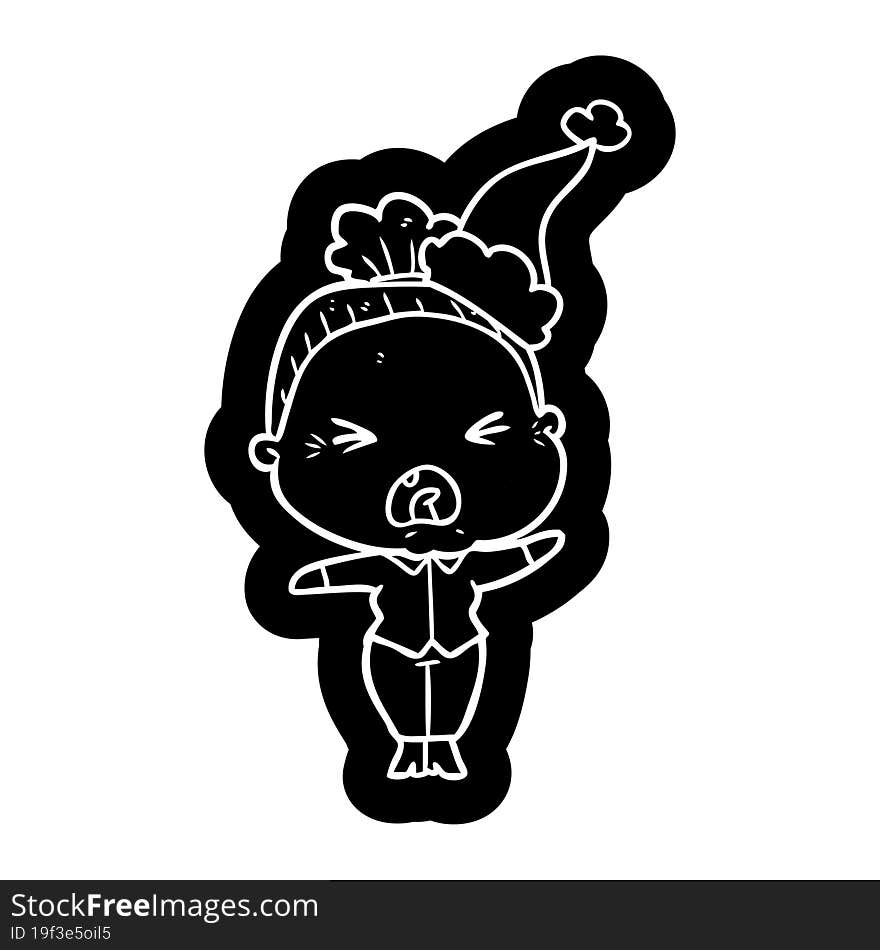 cartoon icon of a angry old woman wearing santa hat