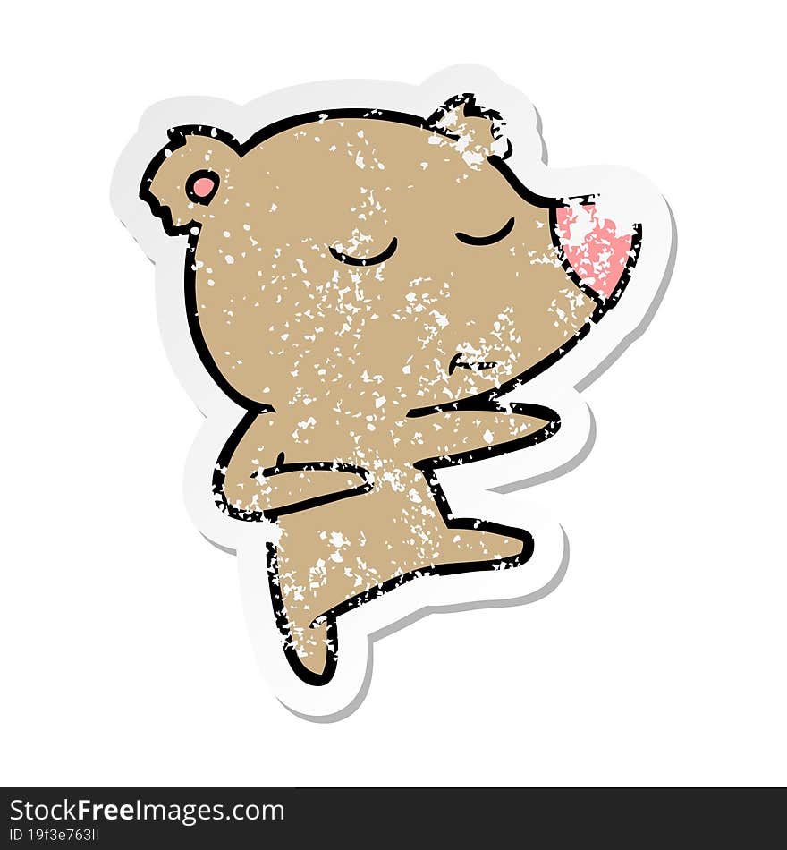 distressed sticker of a happy cartoon bear dancing