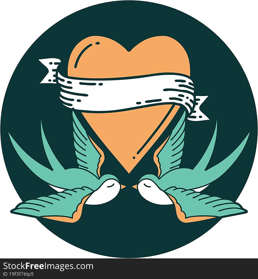 Tattoo Style Icon Of A Swallows And A Heart With Banner