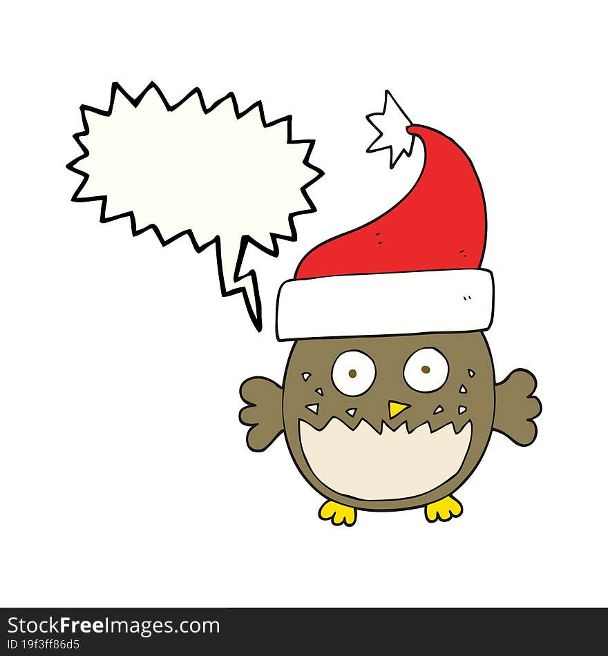 Speech Bubble Cartoon Owl Wearing Christmas Hat