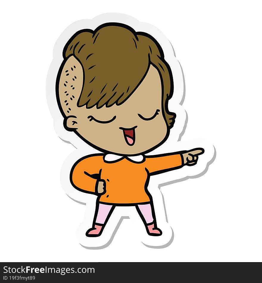 sticker of a happy cartoon girl pointing