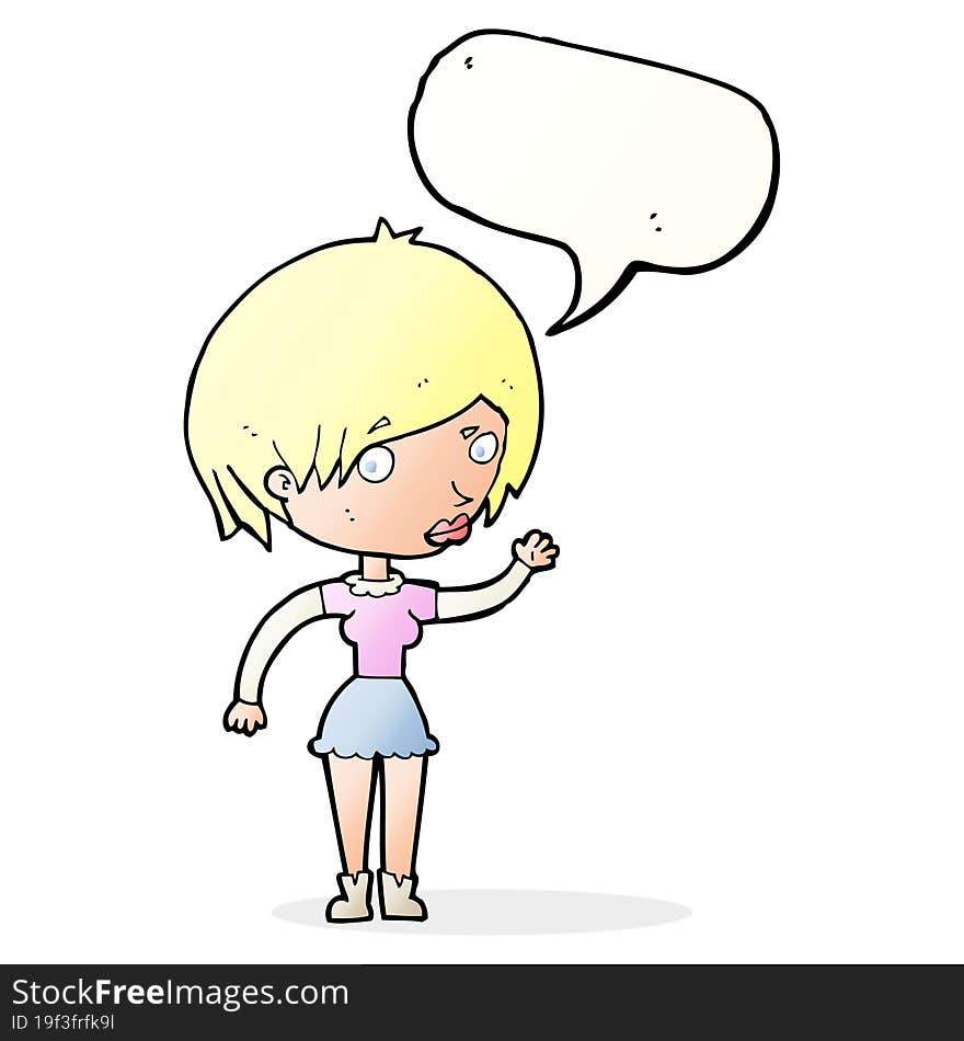 cartoon waving woman with speech bubble