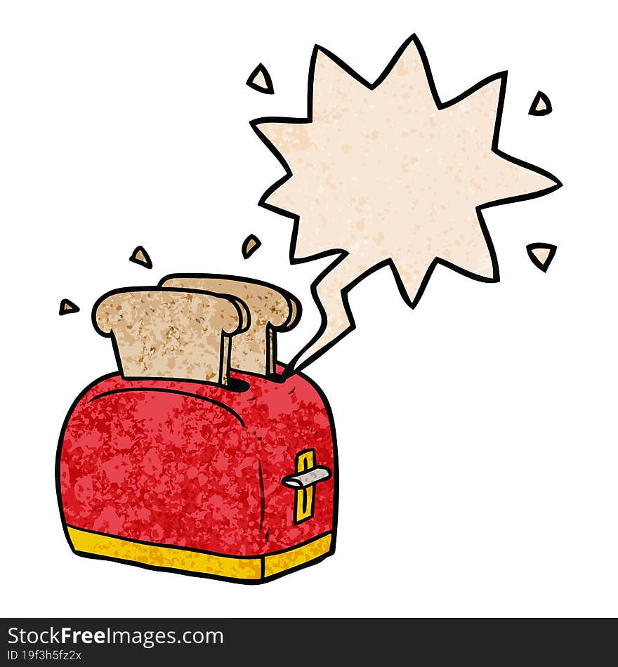 cartoon toaster toasting bread and speech bubble in retro texture style