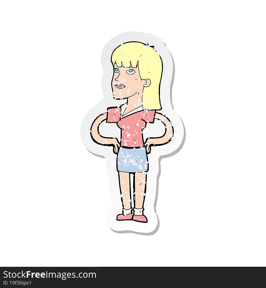 retro distressed sticker of a cartoon woman with hands on hips