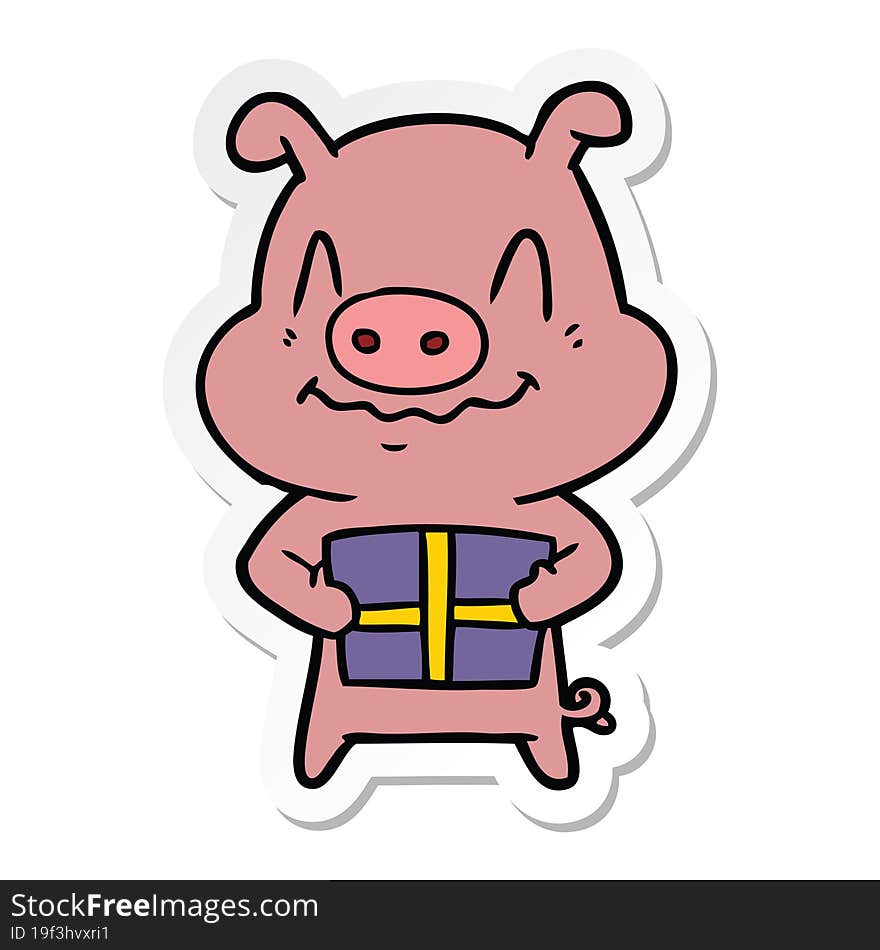 sticker of a nervous cartoon pig with present