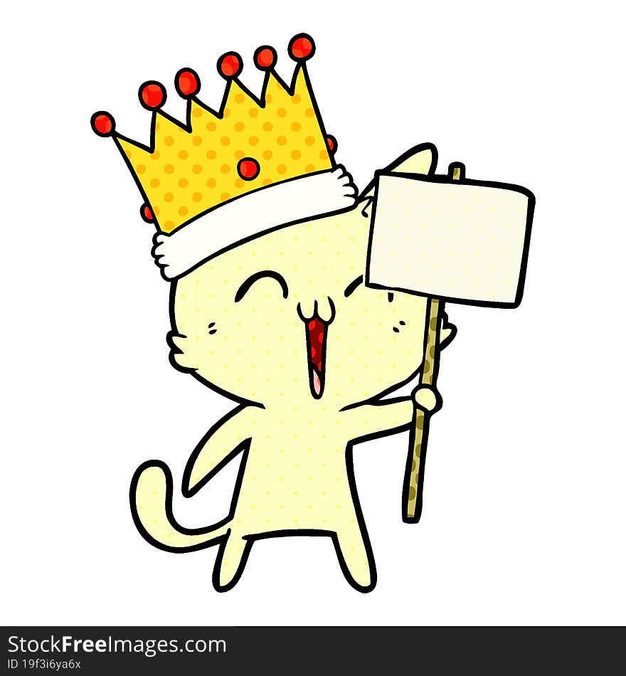 happy cartoon king cat with sign. happy cartoon king cat with sign