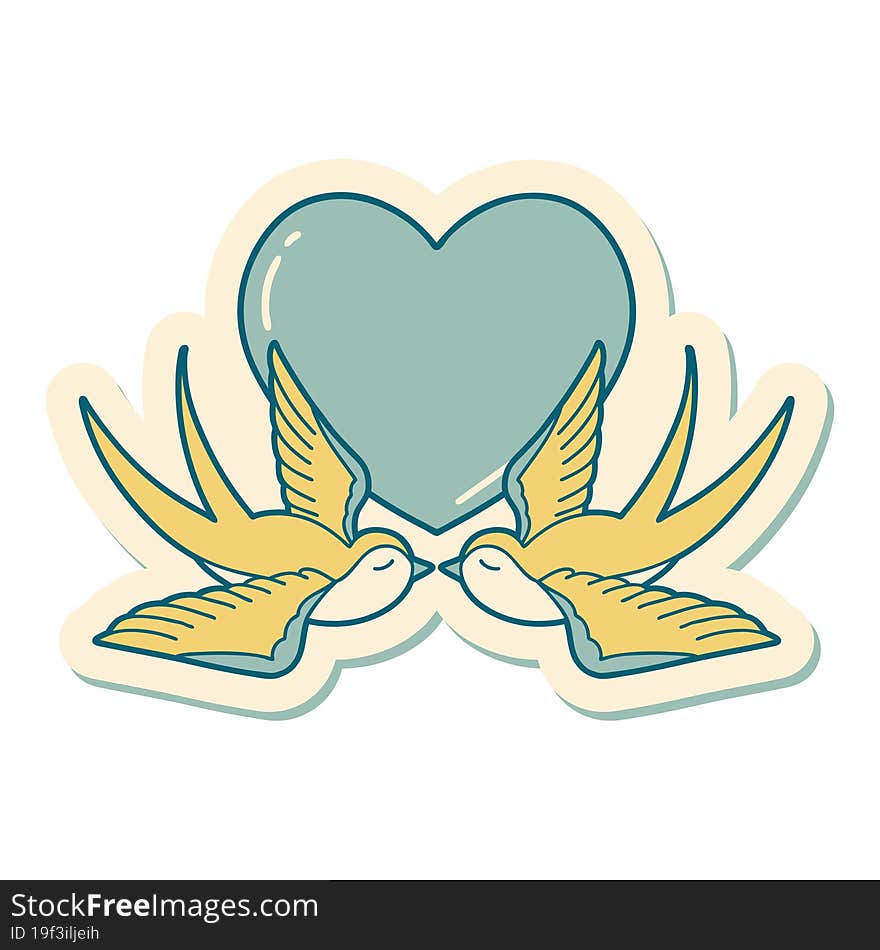 sticker of tattoo in traditional style of swallows and a heart. sticker of tattoo in traditional style of swallows and a heart