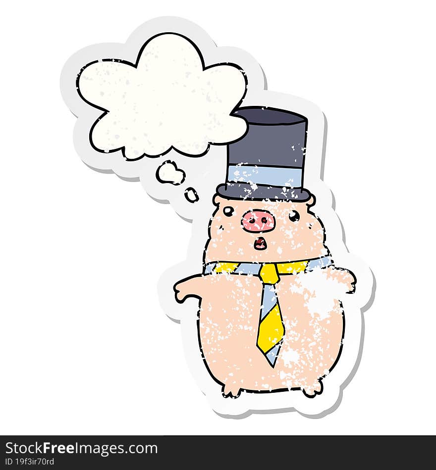 cartoon business pig and thought bubble as a distressed worn sticker