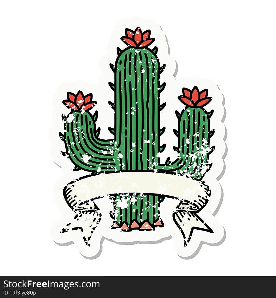 grunge sticker with banner of a cactus