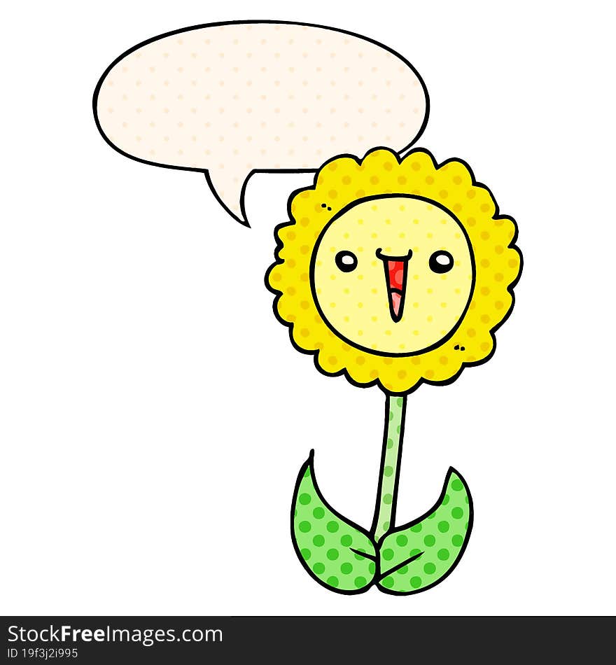 cartoon flower with speech bubble in comic book style